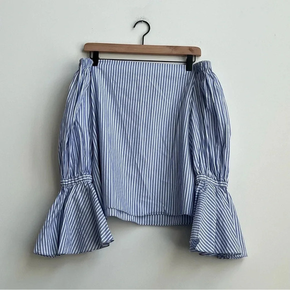 Alexis Juniper Blue Striped Off the Shoulder Flare Bell Sleeve Blouse Medium - Picture 5 of 10